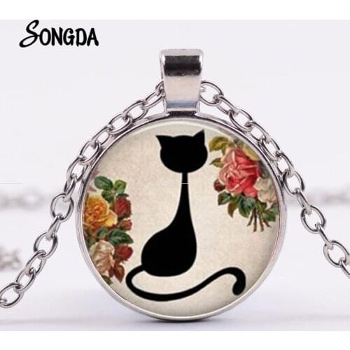 New Design Abstract Black Cat Necklace Lovely Pet Kitty and Flower Art Picture Glass Dome Handmade Pendant Animal Jewelry