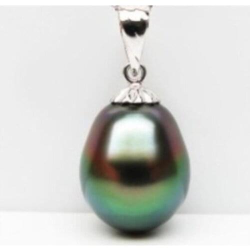 Charming natural tahitian peacock green drop pearl pendant silver bail