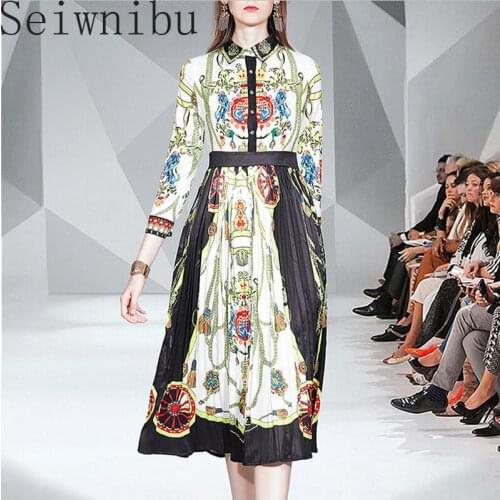 Runway Dress Designer 2020 Spring Summer Vestidos Pleated 3/4 Sleeve Elegant Party Wagon Wheels Chain Office Ladies Shirt Dress