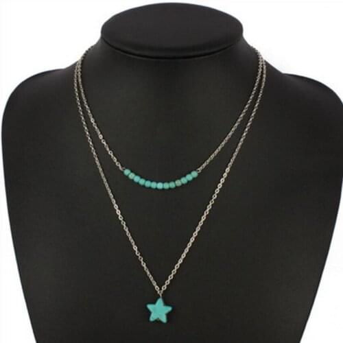 Silver Plated Layer Link Chain Star Pendant Green Turquoises Stone Necklace Transfer Lucky Gift Jewelry
