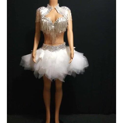 Women Sexy DS Dancing Stage Costumes Fashion Rhinestone Tassle Hollow Out Womens Performance Clothing Female Short Fluffy Skirt