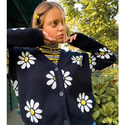 Vintage Flower Knit Cardigans Sweater Women Autumn Winter V Neck Loose Elegant Sweater Coat Female Casual Thicked Clothes 2020