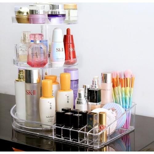 Height Adjustable Acrylic Makeup Organizer 360 Degree Rotating Cosmetics Storage Rack for Lipstick/Skin Care Product Holder
