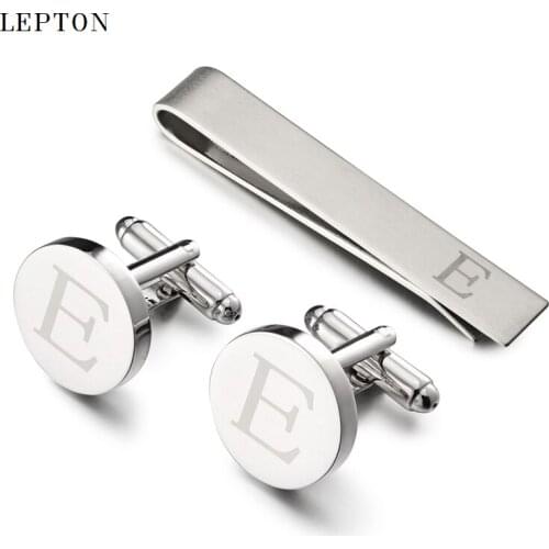 Lepton Round Laser Letter Cufflinks And Tie Clips Set Letters E Cuff links For Mens French Shirt Cuffs Cufflink Relojes Gemelos