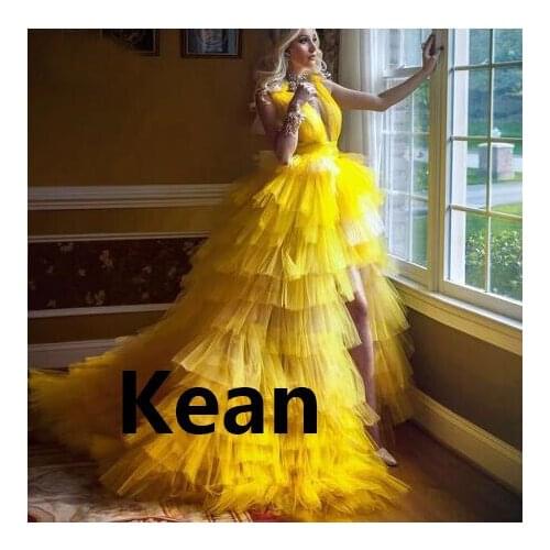 Yellow High Low Tiered Evening Dresses V Neck High Slit Dubai Arabic Saudi Arabian Prom Dress Custom Made Plus