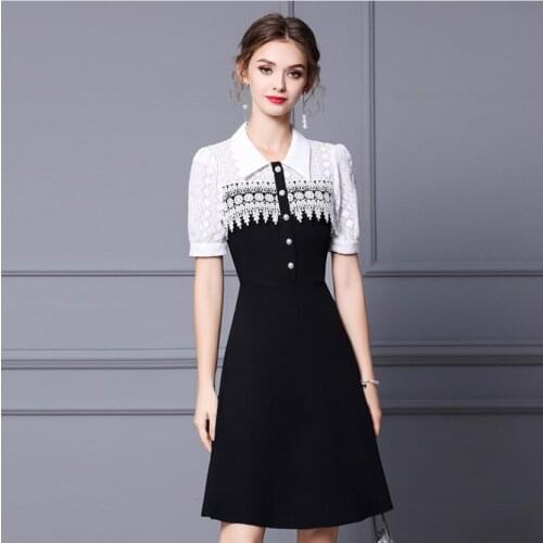 White Lace Puff Sleeve Sweet Unique Womens Summer Skirt Female A-Line Slim Dress Patchwork Black Color Contrast Elegant Skirts