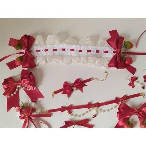 Lolita Bow Lace Strawberry Hairpin Sweet Women Headband Headwear Necklace Hair Accessories B1520
