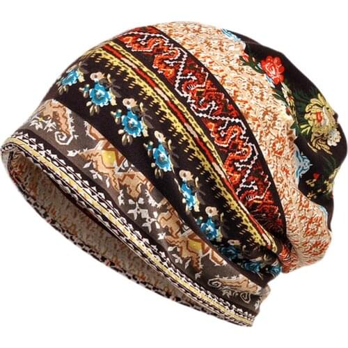 Women Vintage Flower Print Sun Block Muslim Cap Stretch Turban Hat Head Scarf