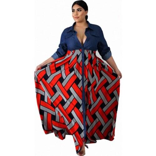 Long Sleeve Vintage Maxi Dresses for Women Plus Size Dress Autumn Womens Clothing V Neck Denim Crop Top xxxxl Dropshipping