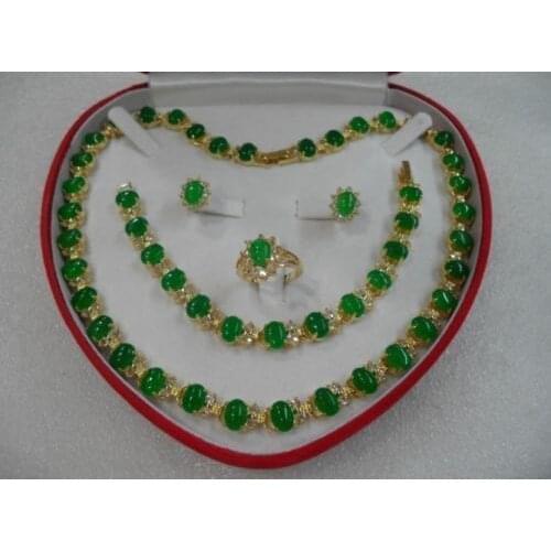 Womens jewelry green Natural jade yellow gold Bracelet Necklace Ring Earring set