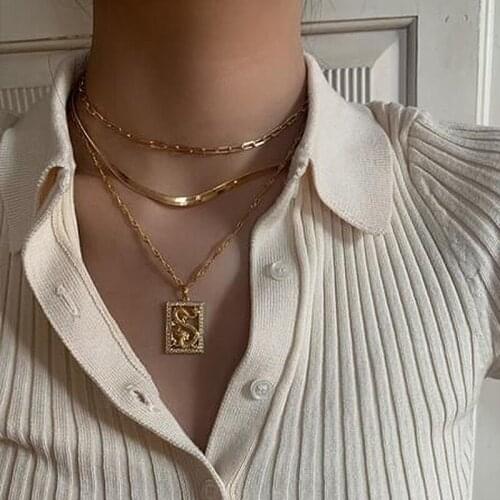 3 Pcs/Set Bohemian Fashion Lady Necklaces Crystal Geometric Dragon Pendant Golden Chain Multilayer Necklace Set Lady Jewelry