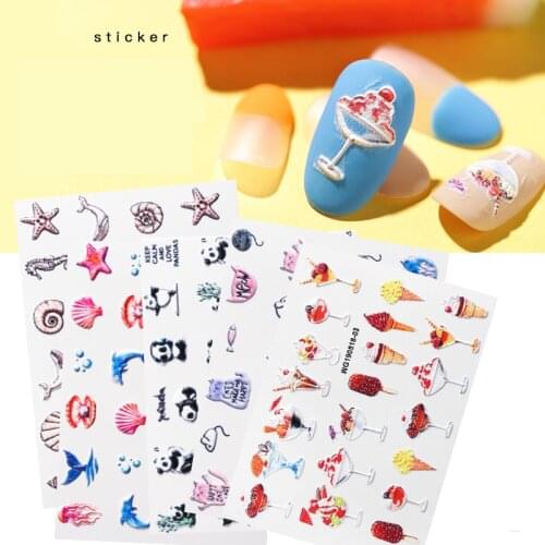 3D Acrylic Engraved flower Nail Sticker cactus flower shell panda shape Water Decals Empaistic Nail Water Slide Decals Z0128