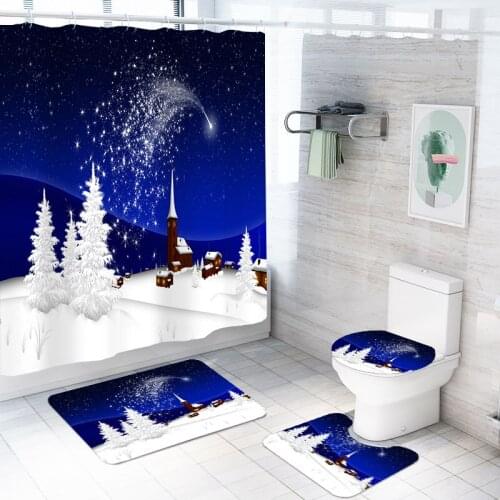 4 Pieces Snow Scene Bathroom Set 3D Print Merry Christmas Shower Curtain Set Home Blue Floor Rugs Cartoon Festival Bath Sets