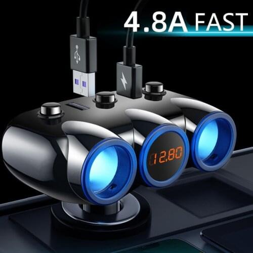 4.8A Fast Car Cigarette Lighter Splitter Socket Adapter For iPhone Samsung Dual USB Ports Voltage Display Monitor Car Charger