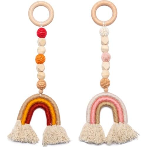 Baby Gym Frame Rainbow Tassel Crochet Beads Stroller Hanging Pendants Wooden Ring Teether Molar Teething Nursing Rattle Toys