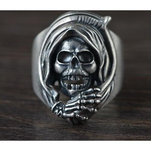 Solid 925 Sterling Silver GOTHIC REAPER DEATH SKULL SKELETON ring rings A2374