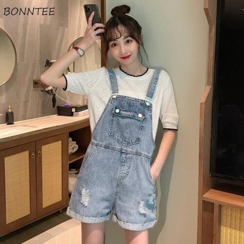 Rompers Women Denim Vintage Summer Preppy Simple Hand Frayed Classic Teens Girls High Waist Korean Style Leisure Lovely Ins New