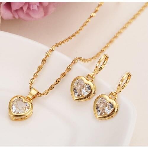Gold Bridal crystal Jewelry Sets Heart White Blue Green Cubic Zircon Earring Necklace chain Jewelry Sets for Women girls gift