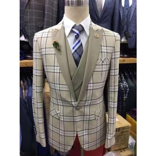 New Men Suit Plaid Square Wedding Suits Slim Fit 3 Pieces Tuxedo Groom Groomsman best man Business Dress suit party gown