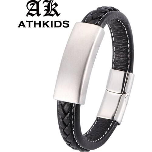 Punk Leather Bracelet Men Stainless Steel Magnetic Buckle Bangle Fashion Jewelry Male Wrist Band Gifts PD0190
