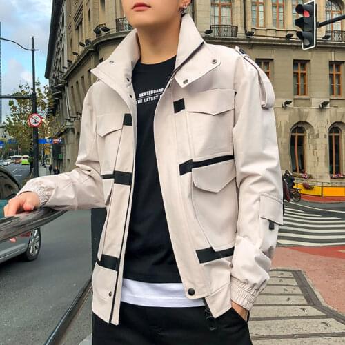 College Japanese Bomber Jacket For Men Khaki Casual Hiphop Hooded Jackets Autumn Male Army Military Streetwear Cargo Coat