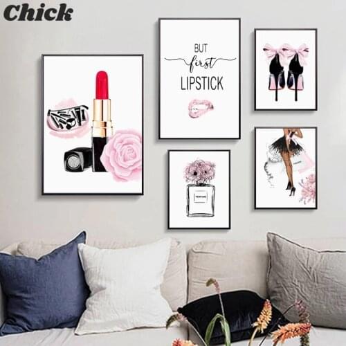 Fashion Flower Perfume Wall Art Poster Pink Lips High Heels Women Canvas Painting Nordic Vogue Pictures Girls Room Home Decor
