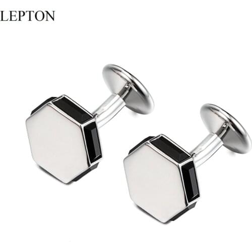 Low-key Luxury Black Crystal Cufflinks for Mens Lepton Silver Color hexagonal Cuff links wedding Groom CuffLink Relojes Gemelos