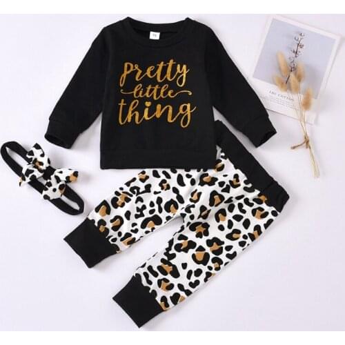 Autumn Baby Girl Suit Clothing Long Sleeve Letter Pattern Blouse+Leopard Pants Headband Toddler Casual Costume Set
