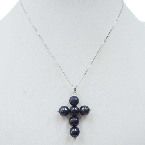 100% nature freshwater AA pearl cross pendant necklace with 925silver chain-cross shape,black near round pearl