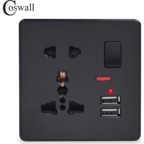Coswall Wall Power Socket 13A Universal 5 Hole Switched Outlet With Neon 2.1A Dual USB Charger Port LED indicator Black Color