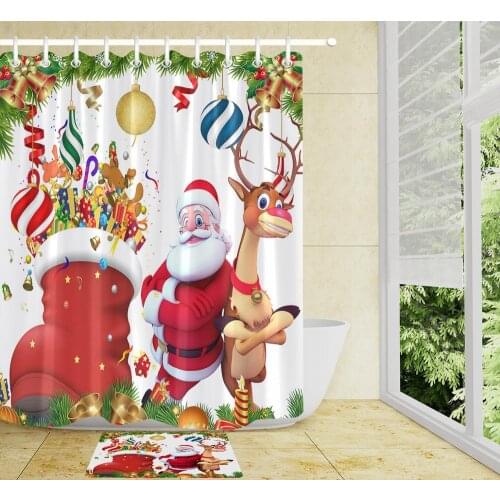 Christmas Shower Curtain Christmas gift Snowman Fir Twigs Ball Santa Claus Red Boots Bathroom decoration Curtain Non-slip Carpet