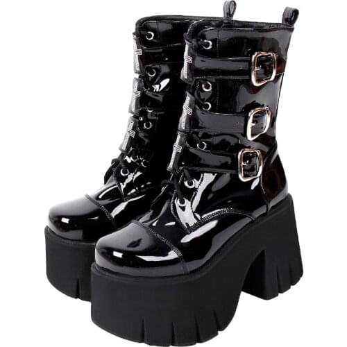 Angelic imprint New Women Gothic motorcycle punk ankle boots lady short Boots woman high trifle heels pumps shoes 33-47 10cm 360