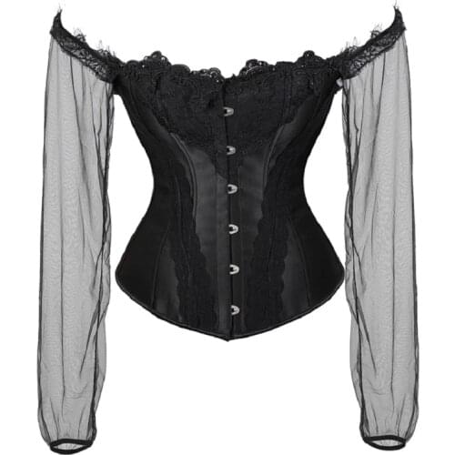 Sexy Steampunk Corset Bustier Tops Long Sleeve Perspective Costume Wedding Gothic Clothing Waist Slimming Corsets Women Black