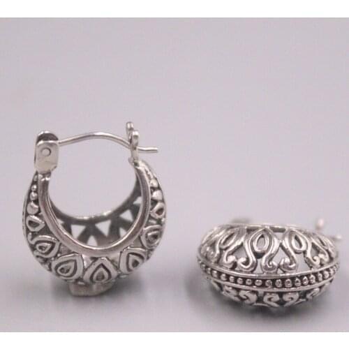 Handmade Real S925 Sterling Silver Earring Hoop Silver Retro Circle Hollow Carved Flowers RetroPersonality Bohemian Ethnicity