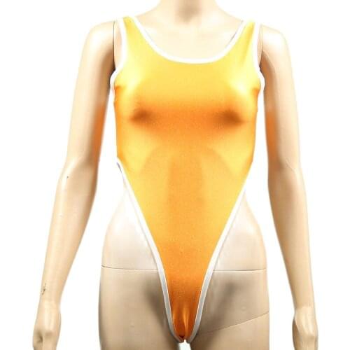 Sleeveless High Cut Thong Bodysuit Orange Patchwork Swimwear Hot Sexy Body Shaping Tops Fitness Clothing Leotard Teddies Bodies