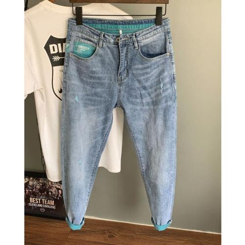 Spring Autumn 2021 light blue jeans male feet social people hot stamping stitching personality teenagers students harem pants