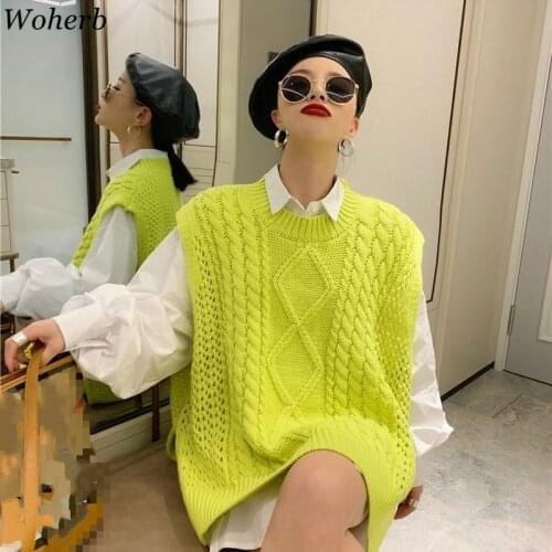 Woherb Fashion O-neck Sweater Vest Korean Loose Knitted Pullovers Waistcoat Oversized Fall 2021 Woman Clothes Tank Tops 4G710