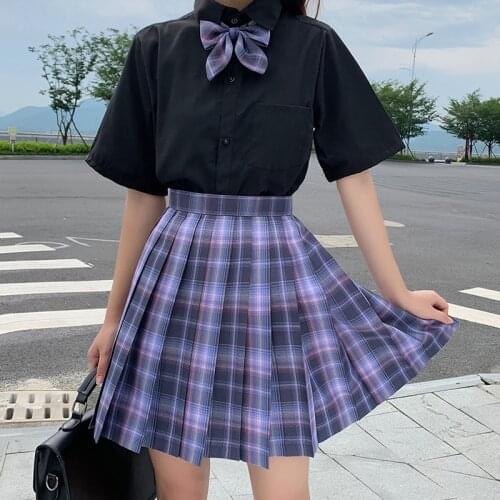 Japanese plaid pleated skirt Ulzzang kawaii Jk uniform plus size casual Harajuku suit Mini high waist womens skirt 3-piece set