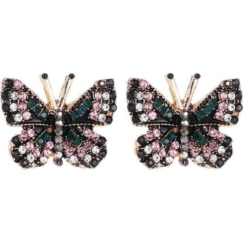 Vivid Butterfly Shaped Sweet Pink Green Black Clear Little Shiny Crystal Twinkling Golden Stud Earrings For Women