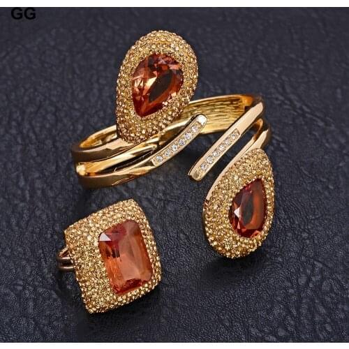 GuaiGuai Jewelry Gold Color Plated Bracelet Ring Set Brown Big Crystal Ring Bracelet For Women Girls