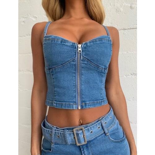 Women Solid Color Shirt Fashion Street Wear Denim Tank Top U Neck Sleeveless Zipper Decor Casual Basic Short Vest Tops Tshirts
