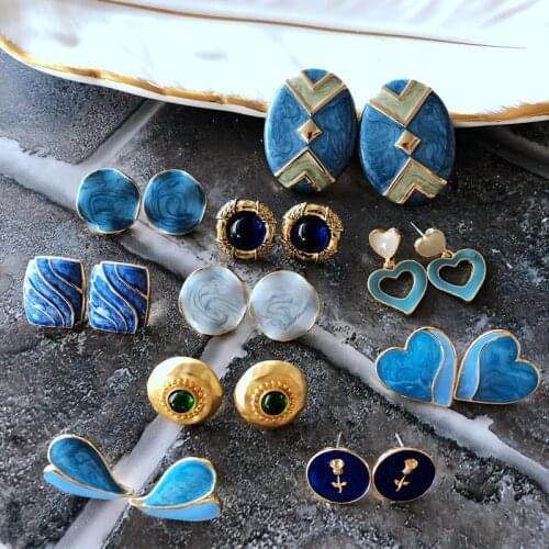New Retro Blue Color S925 Trendy Love Heart Flower Enamel Glaze Geometric Stud Earrings for Women Girls Travel Jewelry