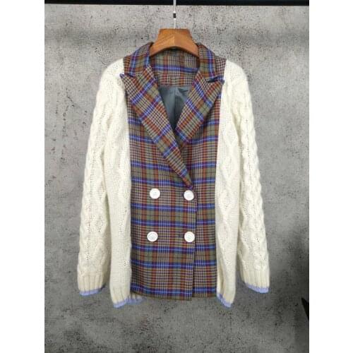 Autumn Winter New 11.17 Fashion Chic Design Contrast Color Patchwork Plaid Knitted Keep Warm Jacket Blazer Coat Women