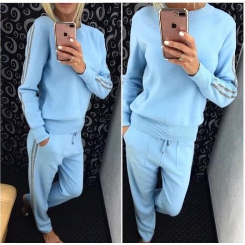 Amolapha Women Sweater Tops Pants Suits Long Sleeve Shiner Gold-rimmed Knitted Pullover Trousers Sets