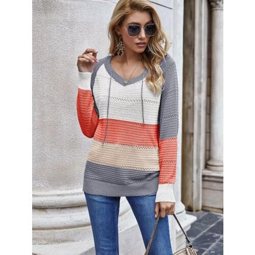 2021Knitted Sweater Women Hollow Out V Neck Long Sleeve Patchwork Hoodies Casual Striped Pullover Female Hooded Sweaters Autumn