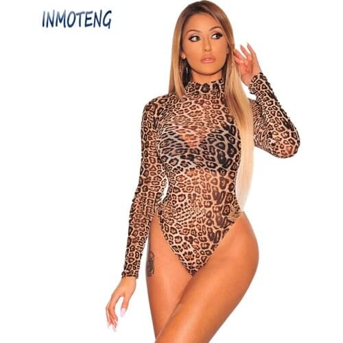 INMOTENG Purple Leopard Print Sheer Mesh Long Sleeves Bodysuit Women Turtleneck Long Sleeve Club Wear Skinny Bodysuit Tops