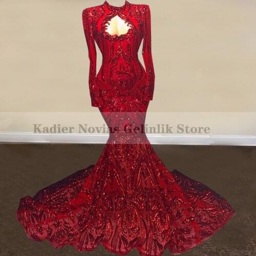 KADIER NOVIAS Women Long Sleeves Mermaid Red Prom Dresses 2021 High Neck Sequin Lace Sweep Train Evening Gown Vestido De Fiesta