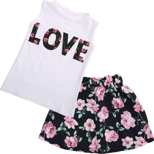 2pcs Summer Toddler Kids Baby Girls Sleeveless T-shirt Tank Tops and Floral Print Skirt Sweet Girls Kids Clothes Outfits Set