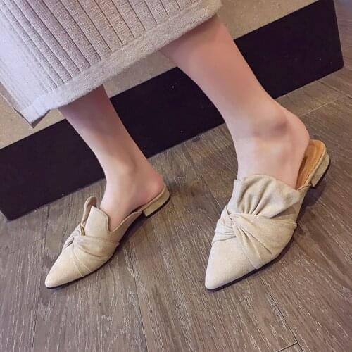 2019Women Slippers Flock Bowtie Female Mules Fashion Low Heels Shoes Pointed Toe Ladies Plus Size Elegant Woman Slipper