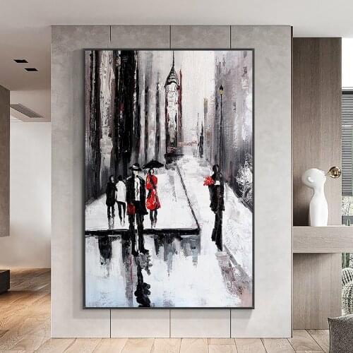 Abstract City Black Building People Walk On The Street Oil Painting 100% Hand Painted On Canvas Modern Wall Art For Home Decor